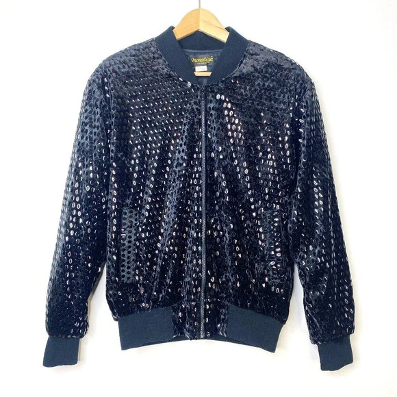 Vintage Monaliza Black Velvet Sequins Embellished Bomber Jacket XL Disco Rock - Picture 1 of 9